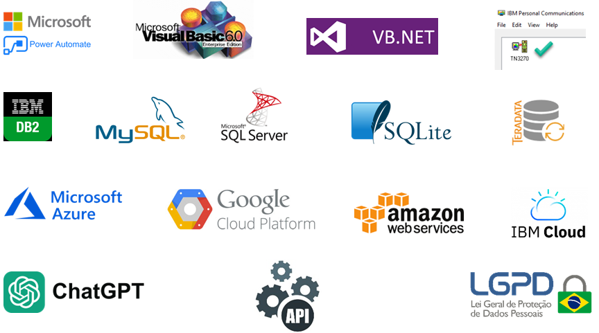 Tecnologias: Microsoft, Power Automate, VB.NET, IBM, DB2, MySQL, SQL Server, SQLite, Azure, Google Cloud, AWS, IBM Cloud, ChatGPT, API e LGPD